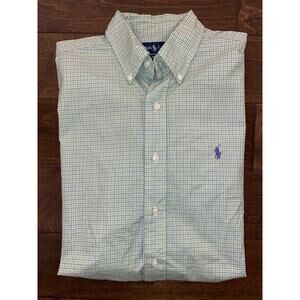 Y2K Ralph Lauren Polo Mens Blue Green Short Sleeve Button Front Size Medium